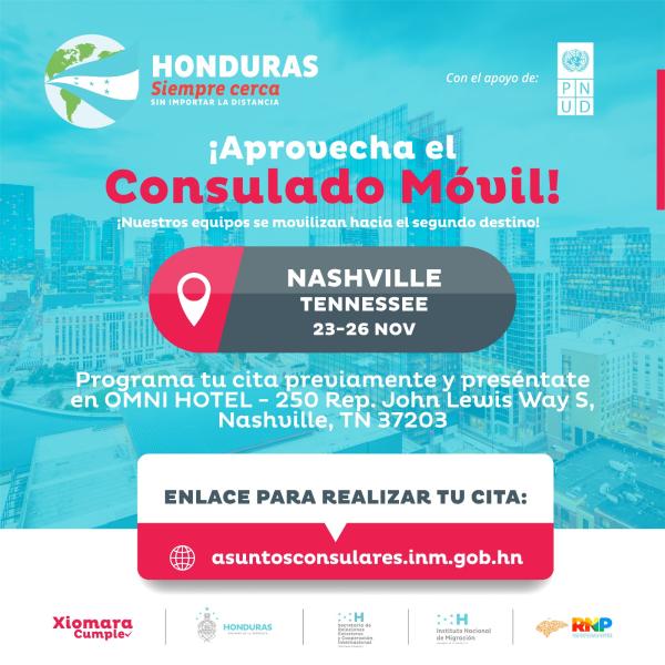 Compatriotas: Del 23 al 26 de noviembre, el consulado móvil te atenderá en Nashville, Tennessee
