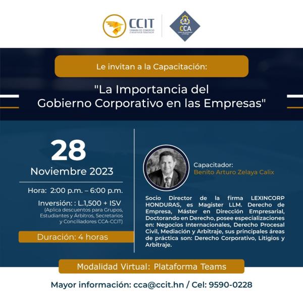  Centro de Conciliación y Arbitraje (CCA) te invitan a la capacitación “La Importancia del Gobierno Corporativo en las Empresas”