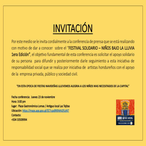 Conferencia de Prensa: Festival Solidario – Niños bajo la lluvia 1era Edición 