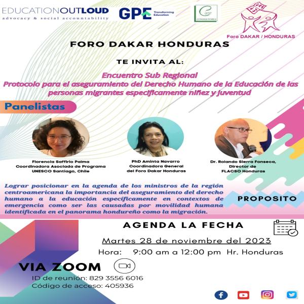 Foro Dakar Honduras: Encuentro Sub Regional Protocolo para el aseguramiento del Derecho Humano de la Educación de las personas migrantes específicamente niñez y juventud