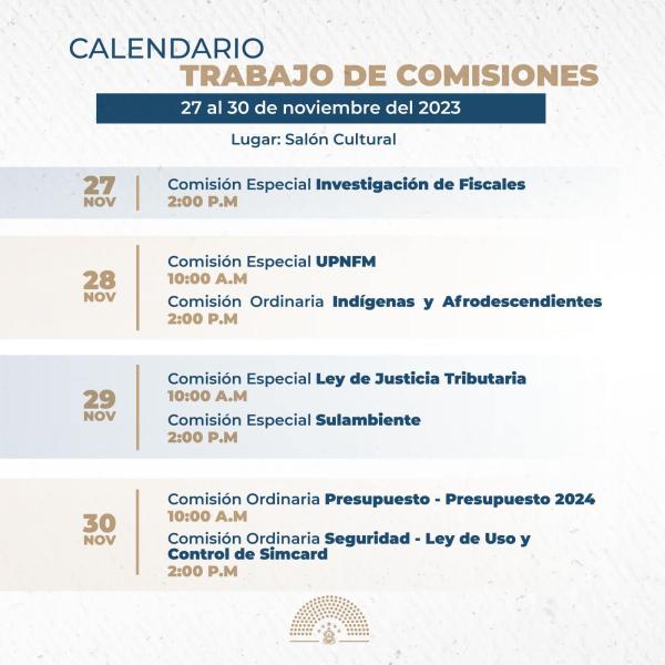 Calendario de Trabajo de Comisiones Congreso Nacional del 5 al 7 diciembre, 2023 