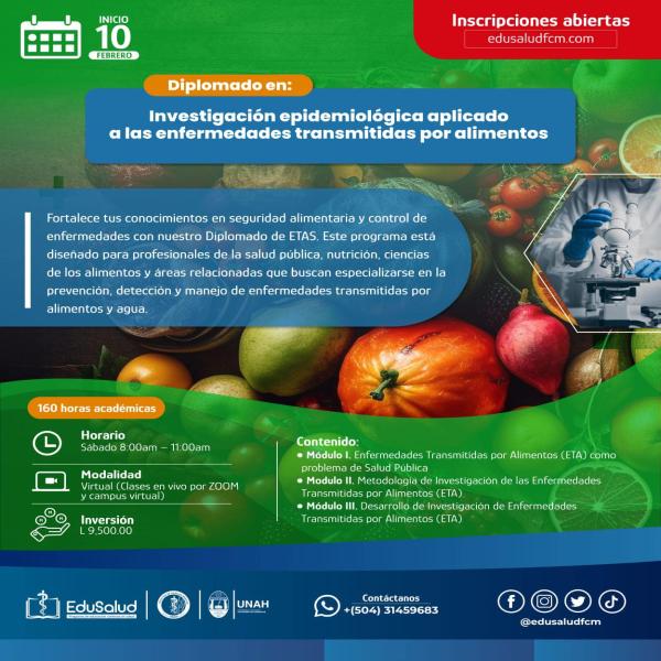 ¡Inscripciones abiertas! Diplomado en Investigación epidemiológica aplicado a las enfermedades transmitidas por alimentos (ETAS), modalidad virtual
