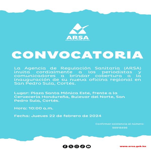 Convocatoria de prensa: Inauguración de la nueva oficina de ARSA regional en San Pedro Sula