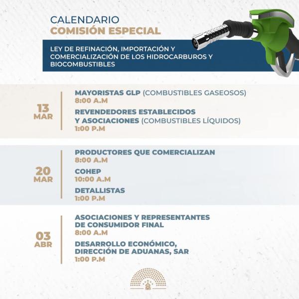 Calendario de Socialización del anteproyecto de ley Marco sobre refinación, importación, comercialización de hidrocarburos, combustibles y otros productos alternativos y sustituibles