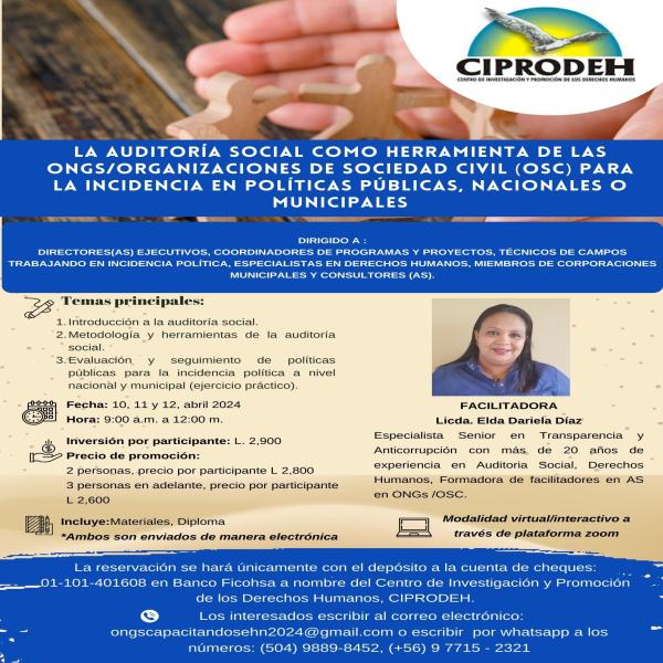 Afiche del Taller de Auditoría Social como herramienta de las ONGs/Organizaciones de Sociedad Civil (OSC) para la incidencia en políticas públicas, nacionales o municipales
