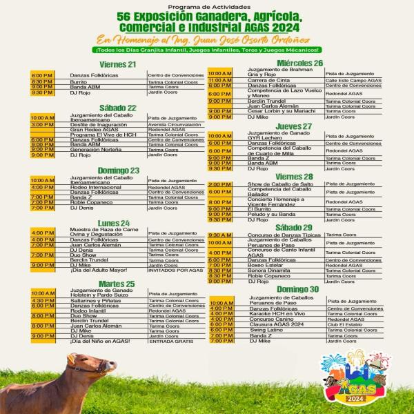 Programa de Actividades 56 Exposición Ganadera, Agrícola, Comercial e Industrial AGAS 2024 