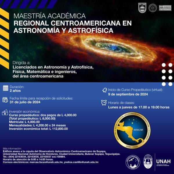 Extensión se la convocatoria para la nueva promoción de la Maestría Académica Regional Centroamericana en Astronomía y Astrofísica