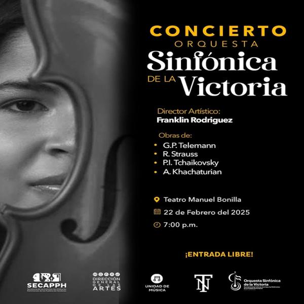 Orquesta Sinfónica de la Victoria, interpretando obras de Telemann, Strauss, Tchaikovsky y Khachaturian